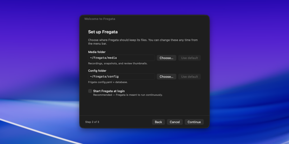 Fregata's first-launch welcome wizard on macOS, guiding the user through permission grants (cameras, recordings folder) before the menu-bar tray appears.